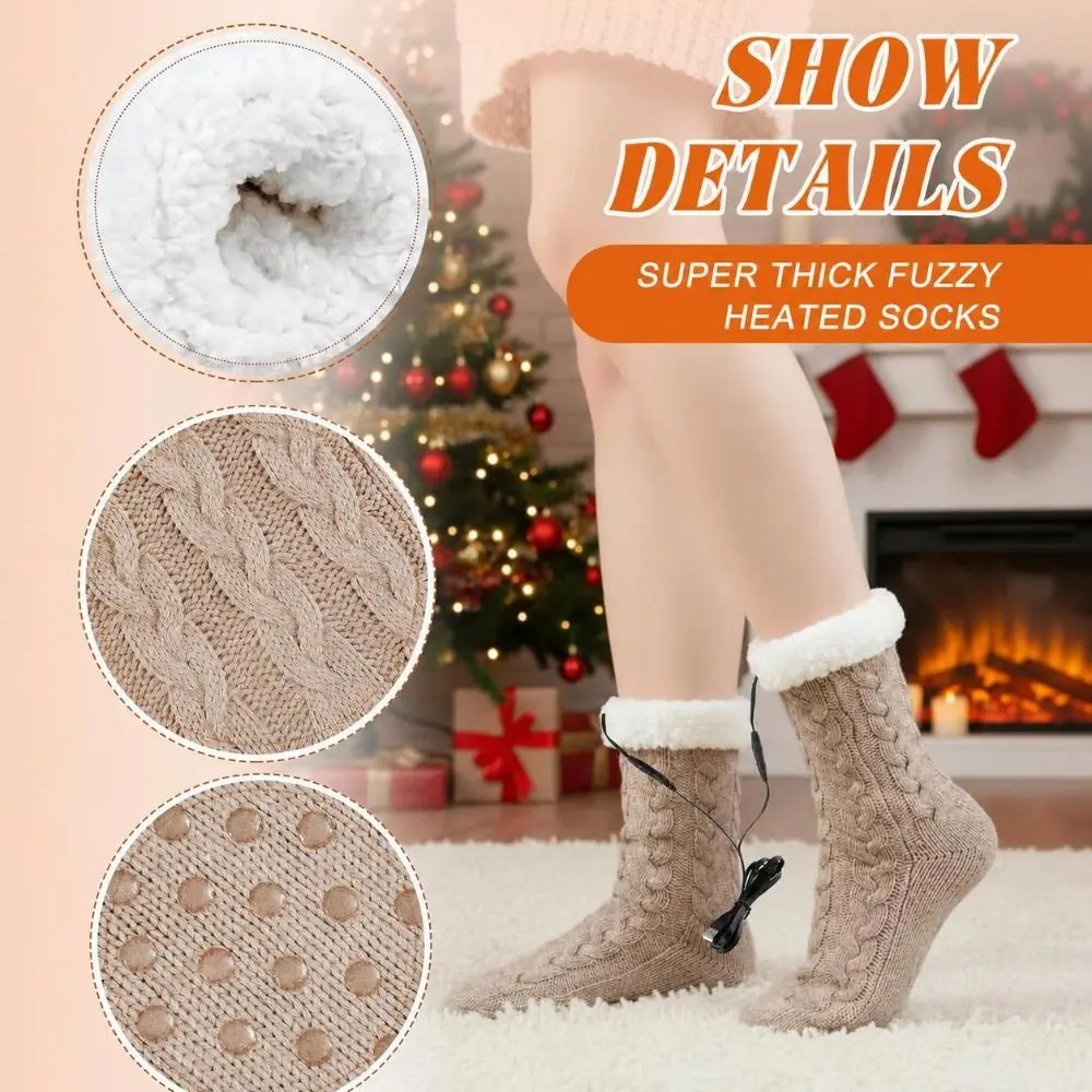 5V 2A Electric Heated Socks USB Powered Knitted Fabric USB Heating Socks Anti-Slip Sole Foot Warming Socks Cold Weather