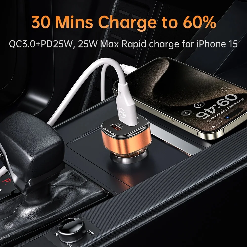 WEKOME 43W USB Tipo C Carregador de carro Soquete de cigarro PD QC3.0 Carregador de telefone de carro de carregamento rápido para iPhone Samsung Xiaomi