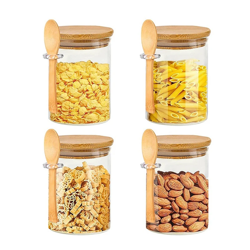 Glass Jars With Bamboo Lid & Spoons, Glass Jar With Airtight Lid, 15 Oz/450ML Glass Food Storage Containers