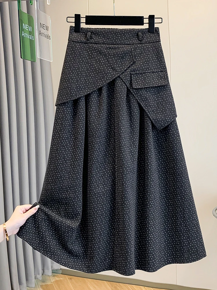 Brand Autumn Winter plus Size Elastic Waist Fake Two-Piece Woolen Midi Skirt Korean Version Hip Concealing A-Line Skirt