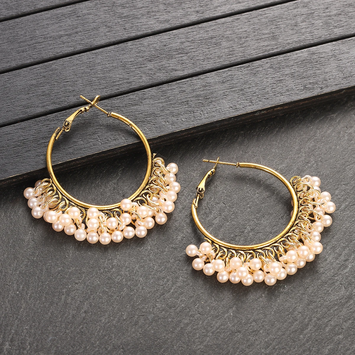 New Gypsy Ethnic Round Gold Color Hoop Earrings India Jewelry Women's Pearl Beads Tassel Jhumka Earrings Female