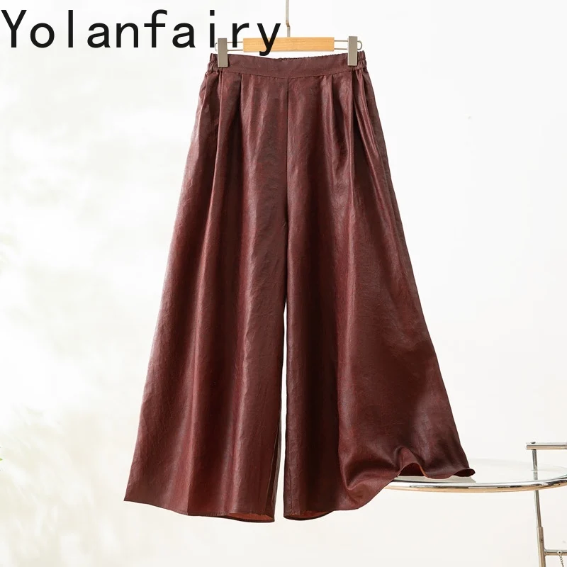 

YOLANFAIRY 100% Natural Mulberry Silk Wide Leg Pants Woman Gauze Silk Retro Casual Pants Trouser Dark Brown Pantskirt pantalones