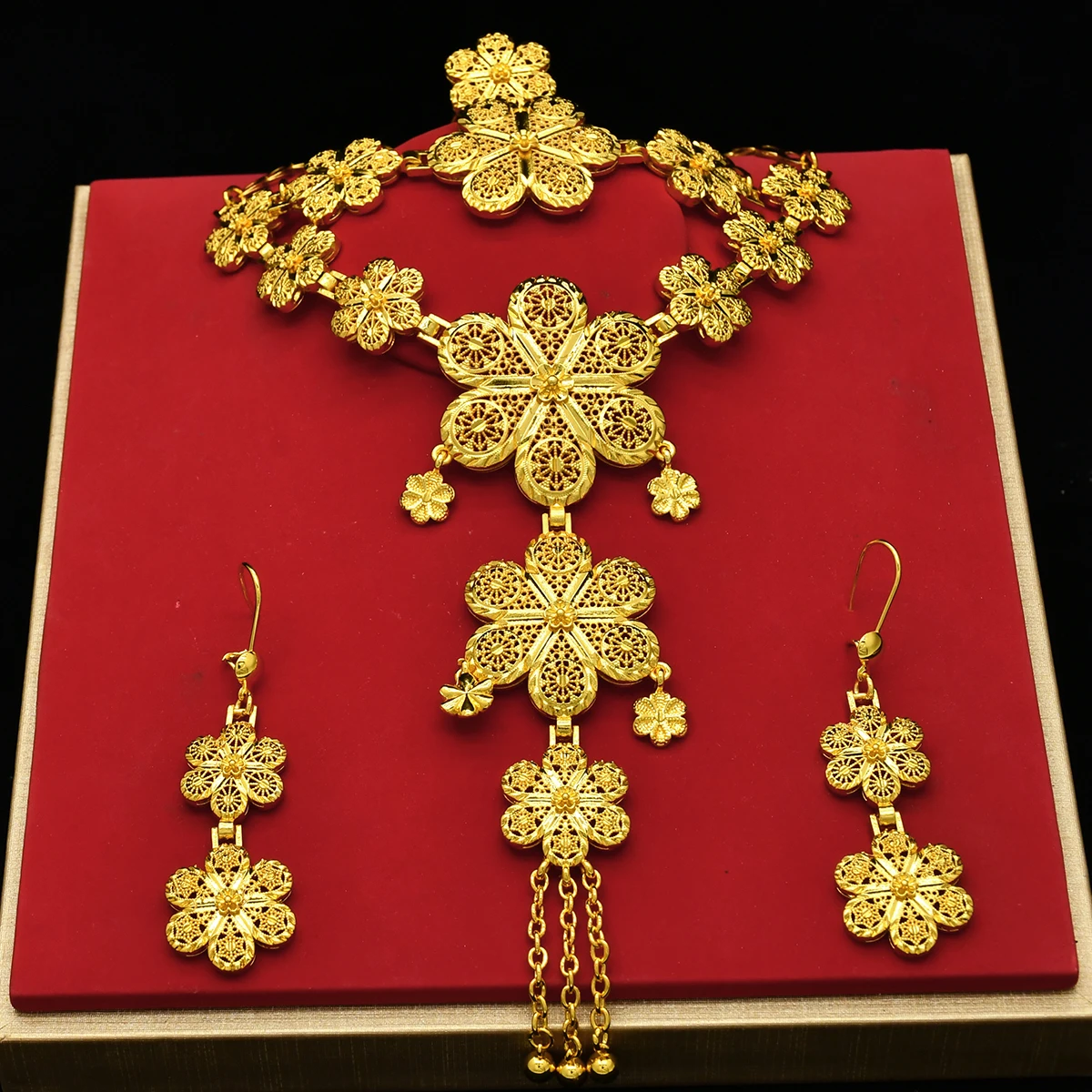 Nigerian Flower 24k Gold Plated Jewelry Set for Women Costume Dubai Indian Bridal Necklace Earrings Sets  Wedding Party Gift