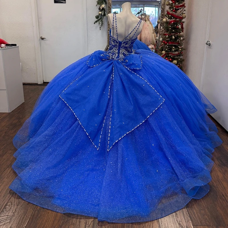 Blue Shiny Princess Ball Gown Quinceanera Dresses 2024 Spaghetti Strap Beads Crystal Vestido De 15 Años 16th Prom Party