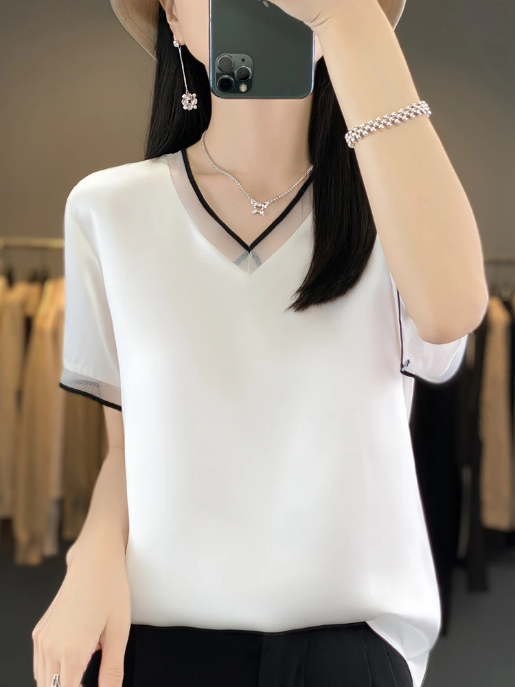 Women silk Oversized T- Shirt V Neck Casual satin Tees Summer Solid Champagne Loose T-Shirt Fashion New Style Elegant DiscountsT