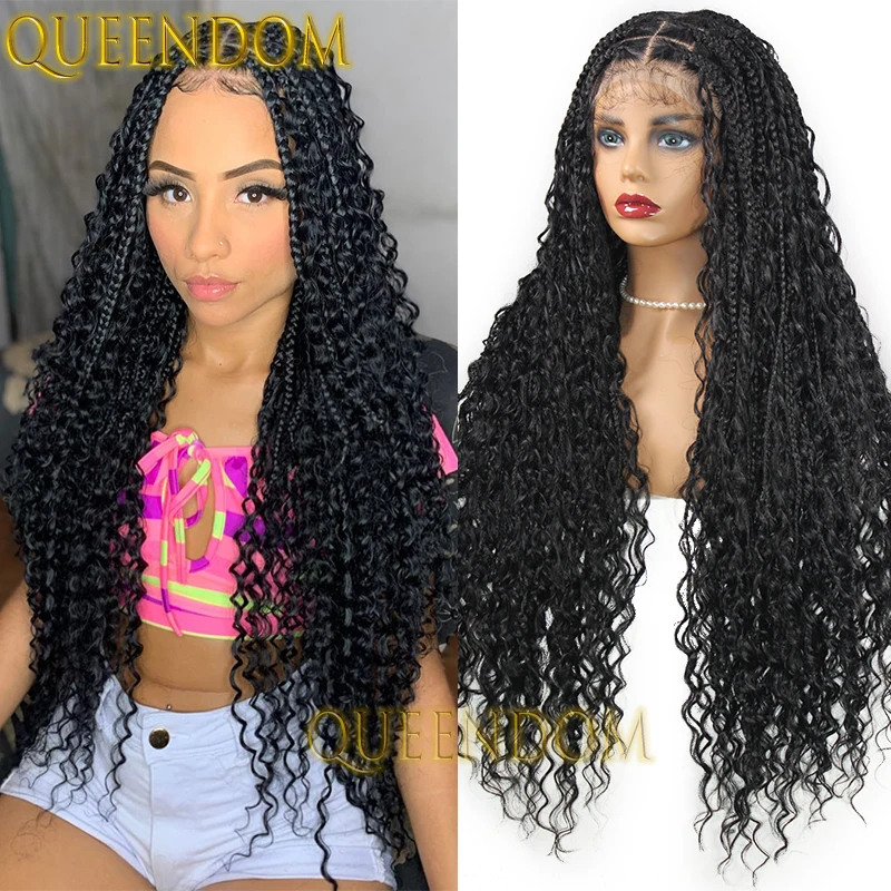 Synthetic Full Lace Bohemian Braid Wig 32 Inch Cornrow Braided Wig with Curly Hair Knotless Box Braids Goddess Wig for Daily Use