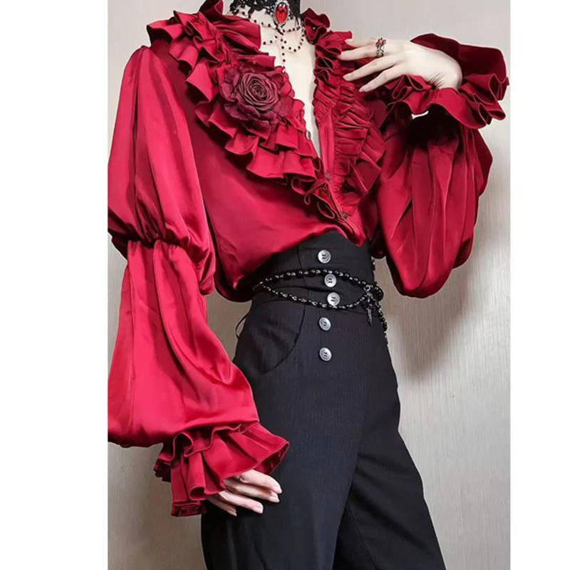 Gothic Palace Style Blouse For Men Y2k Red Vintage Lantern Sleeve Layer Ruffles Shirt Halloween Party Cosplay Blusas Tops