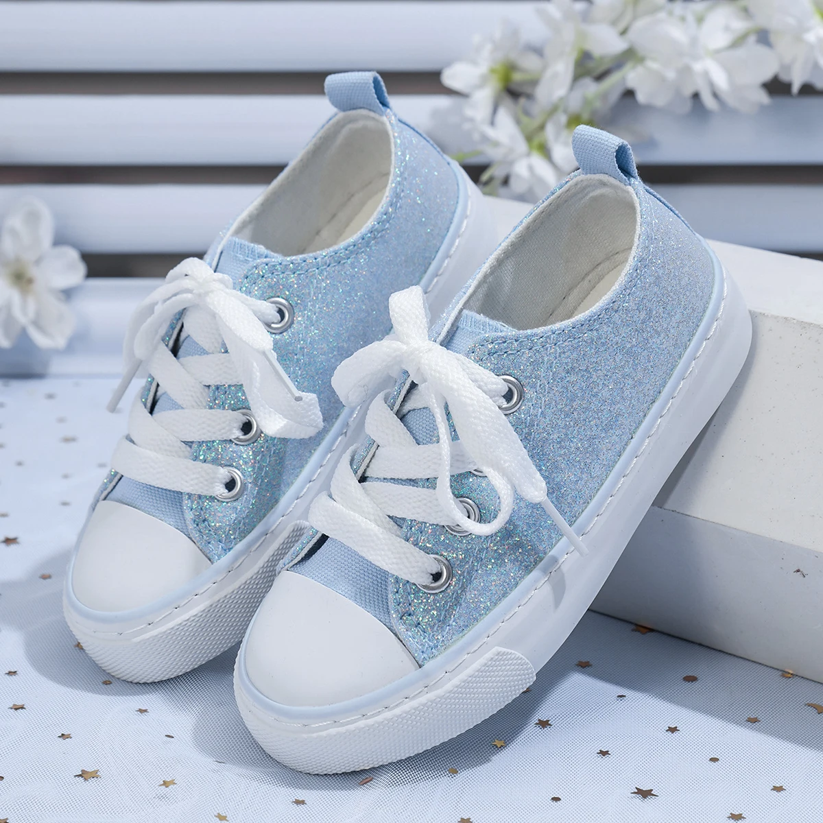 

COMFY KIDS Детские 3-10 лет Светло-голубые блестящие низкие парусиновые туфли с блестящим акцентом на шнуровке с язычком, всесезонная одежда, вечерние игровые знаки, повседневная обувь