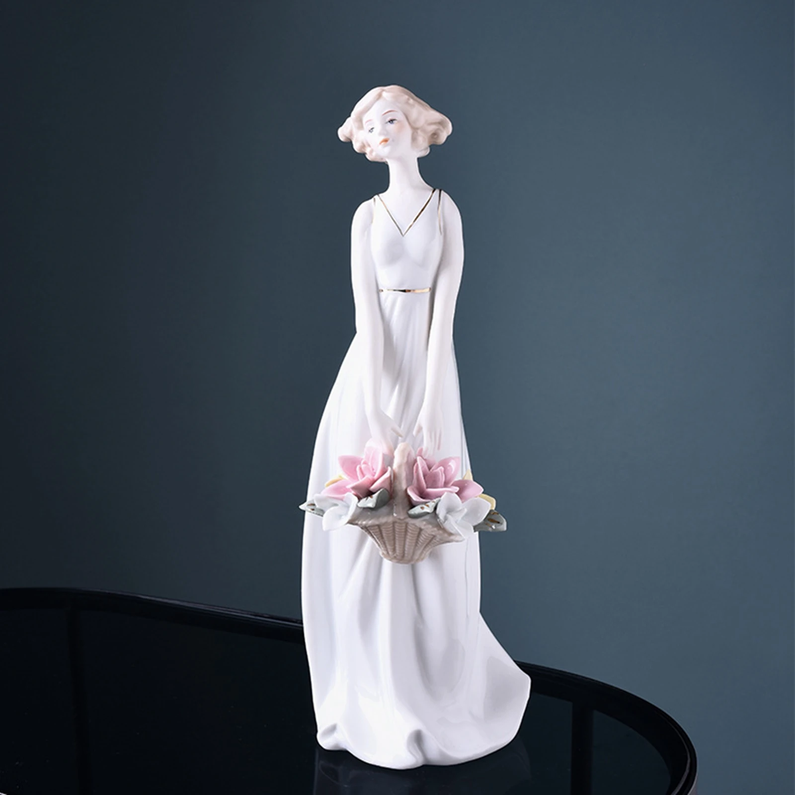 Porcelain Lady Statue Centerpiece Ornament Ceramic Girl Figurine for Living Room Shelf Fireplace Bedroom Housewarming Gift