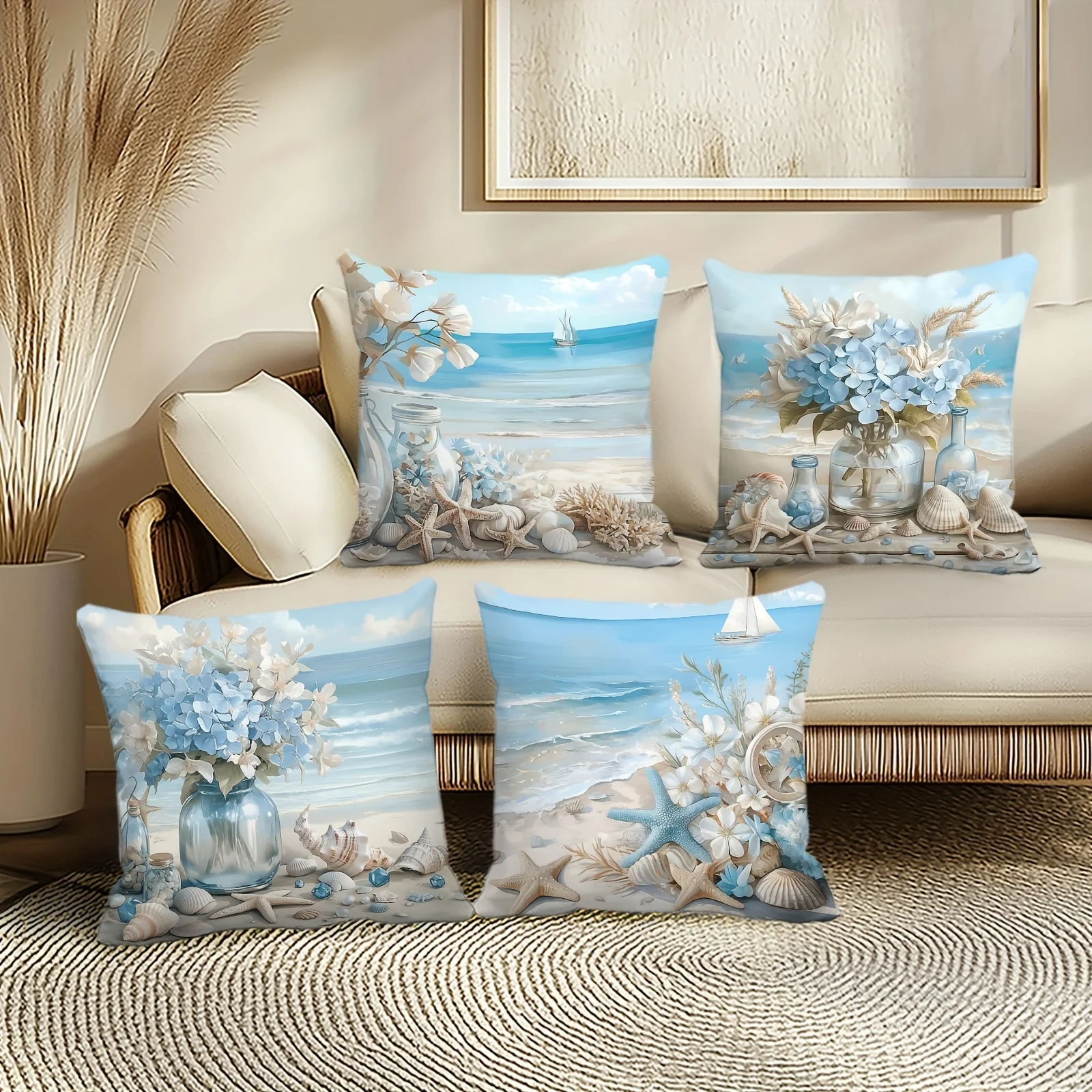 4pcs Beach Coastal Pillowcases Set Blue Floral Ocean Seashell Nursery Cushion Covers Home Decor Nautical Living Room Art 45x45cm