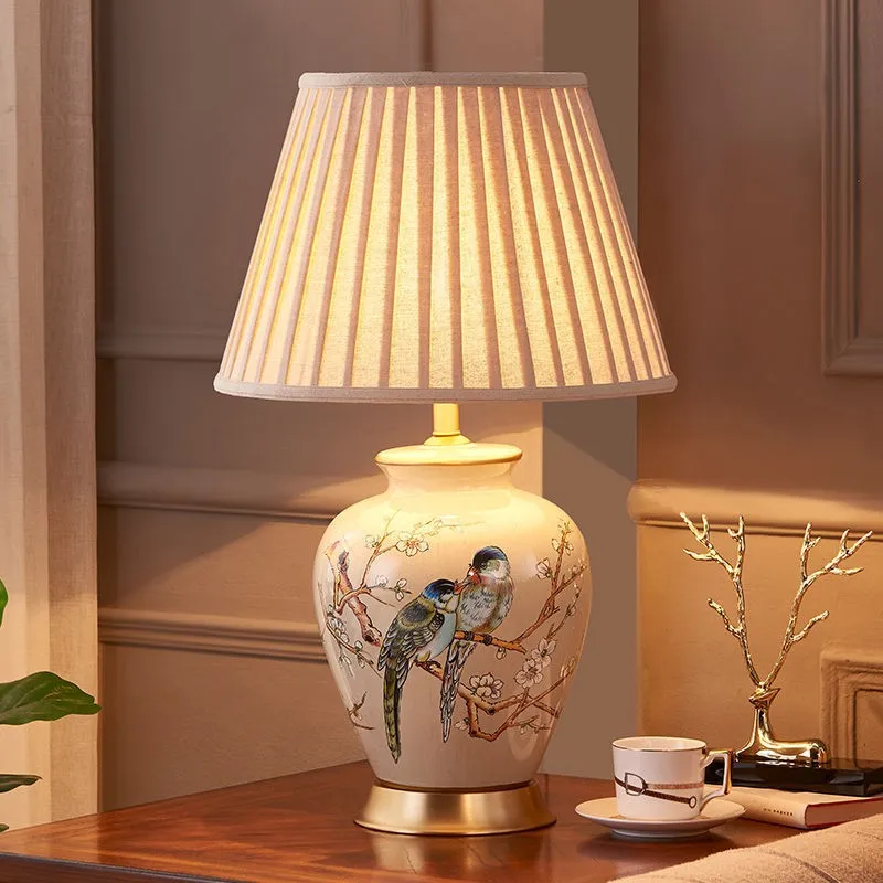 Retro flower-and-bird ceramic table lamp creative living room several hotel model rooms simple table lamp bedroom bedside lamp