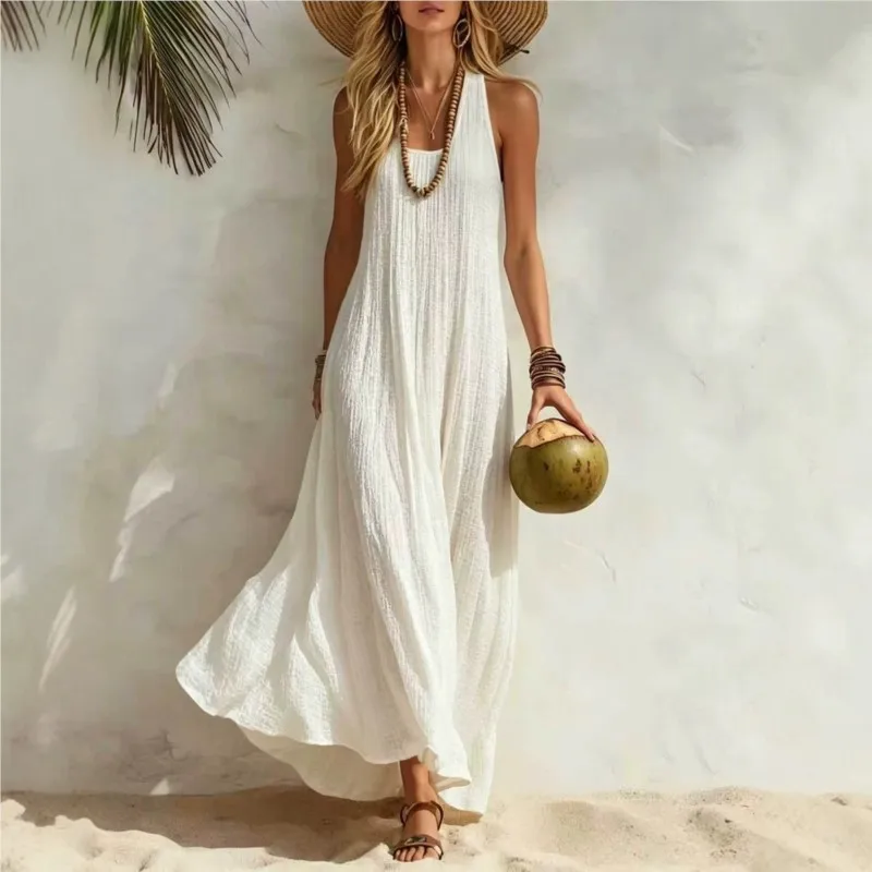 Einfaches, modisches Sommerkleid mit breiten Trägern, einfarbig, ärmellos, lässig, locker, vielseitig, für den Strand, Urlaub am Meer, Vestidos