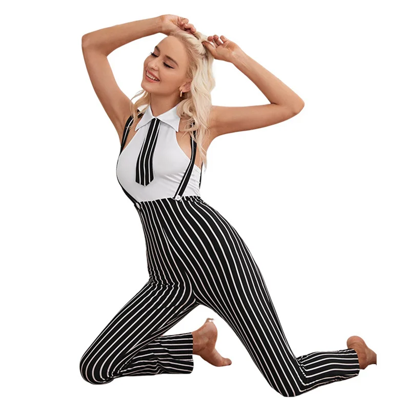 Stylish Women's Stripped Roleplay Teacher Uniform Adult Lady Halloween Party Cosplay Costumes Night Club Outfit