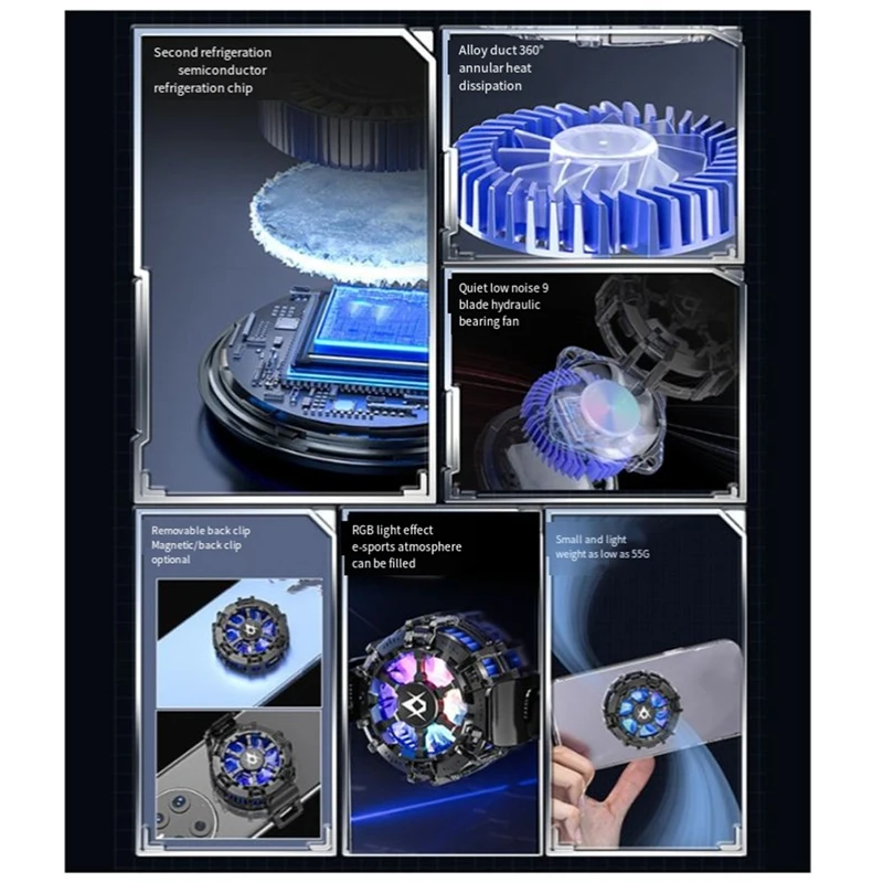 스마트 모바일 폰 쿨러 마그네틱/백 클립 2-IN-1 반도체 냉각 팬 라디에이터 전화 태블릿용 RGB 조명 효과