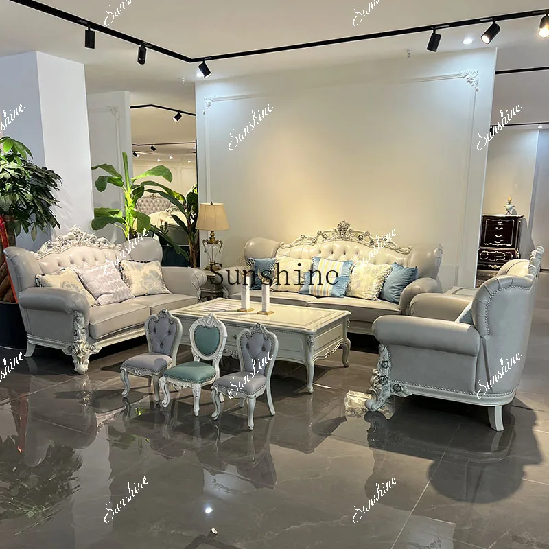 European-style solid wood leather villa sofa small apartment living room combination high-end luxury Tiffany blue TF