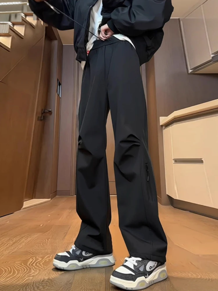 

Bla Fce Lined Men's Winter Straight Leg Casual Pants Warm Waterproof Faionable Slimming Long Trousers Street Sle