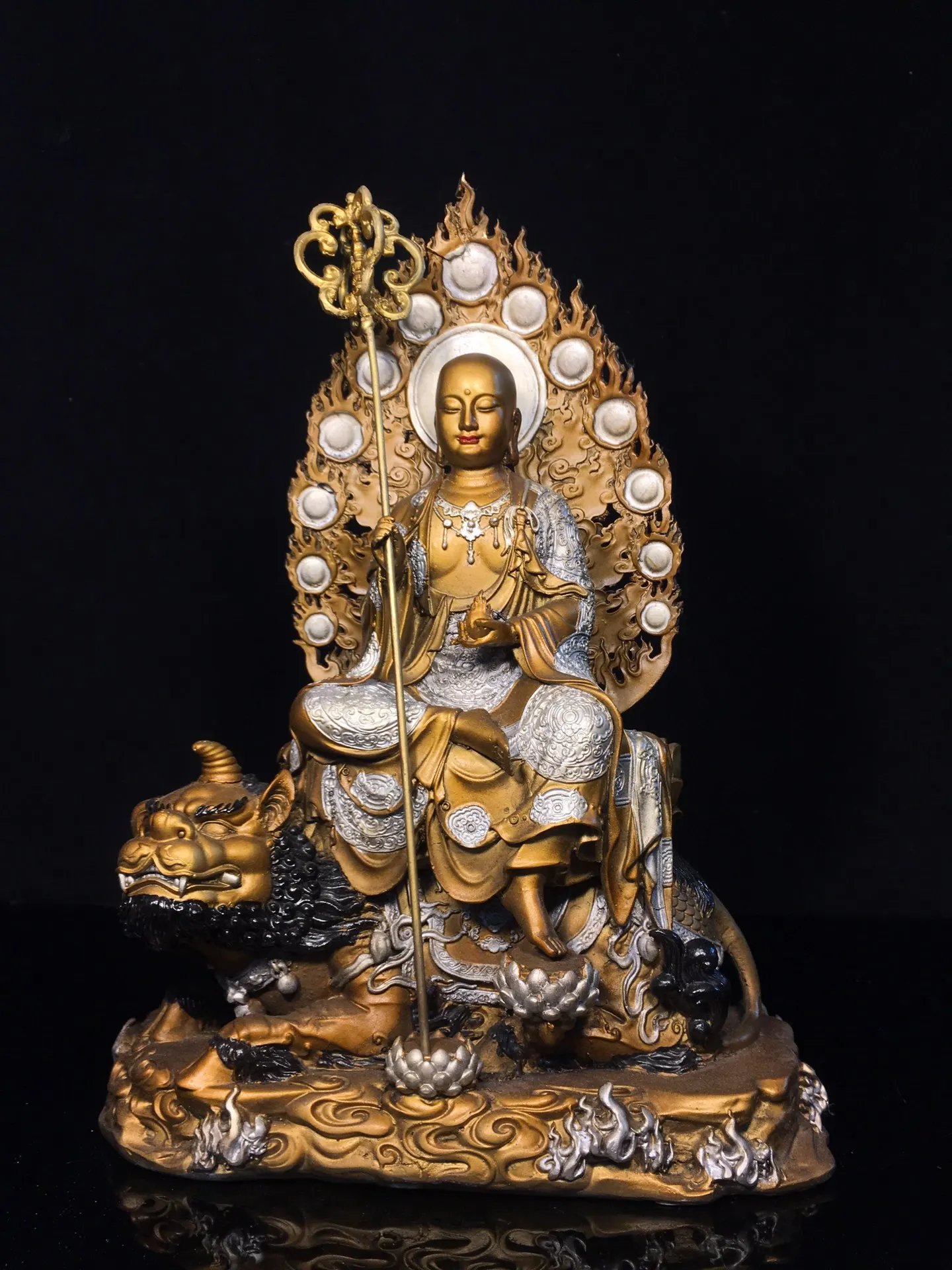Old Bronze Gilded High Relief Painted Ksitigarbha Bodhisattva Divine beast mount Sitting Buddha Amitabha Worship Hall