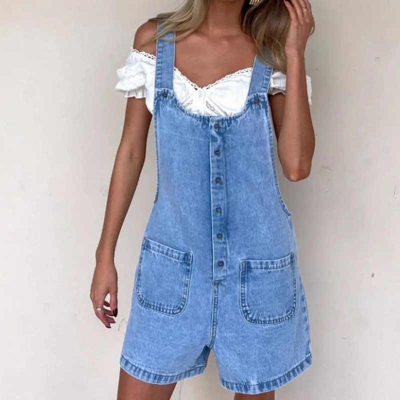 2025 Spring/Summer New European and American Pocket Strap Adjustable Strap Laundry Cowboy Jumpsuit Shorts Three Leg Pants