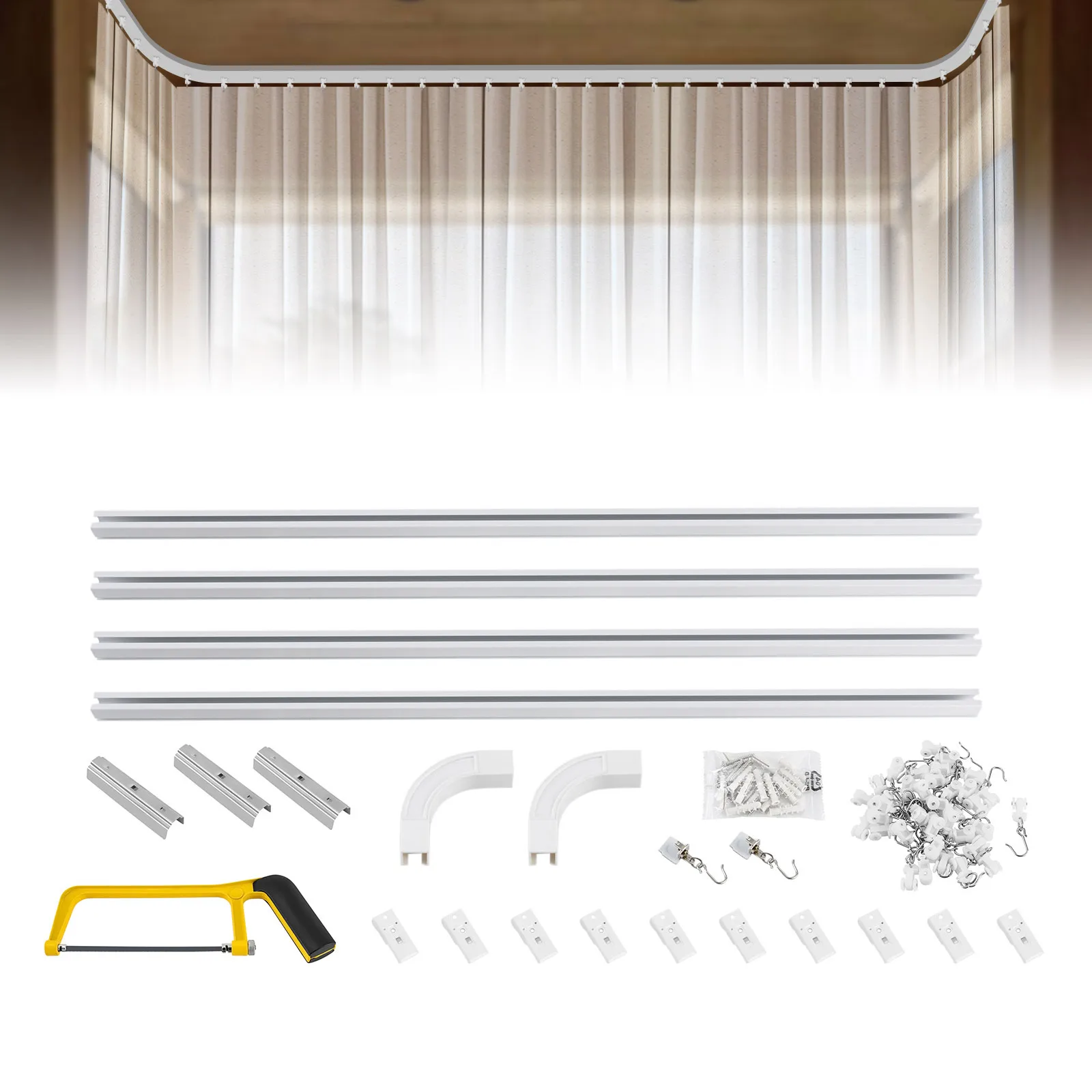 

9-12ft Corner Connectors Curtain Rail System Room Divider Ceiling Track set for Curtains with hooks