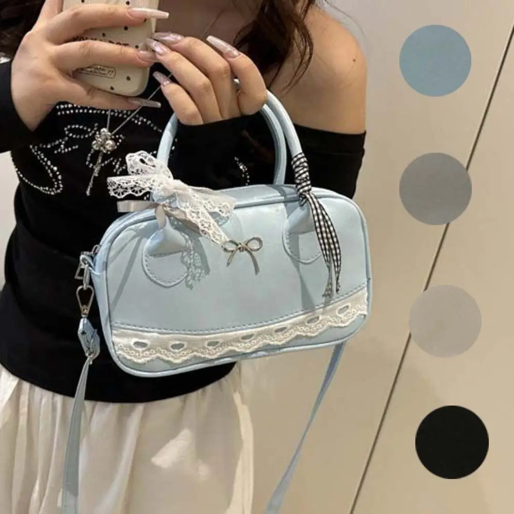 

Pea Bag PU Leather Boston Handbag Bow Waterproof Crossbody Bowling Bag Texture Korean Style Small Square Bag Work