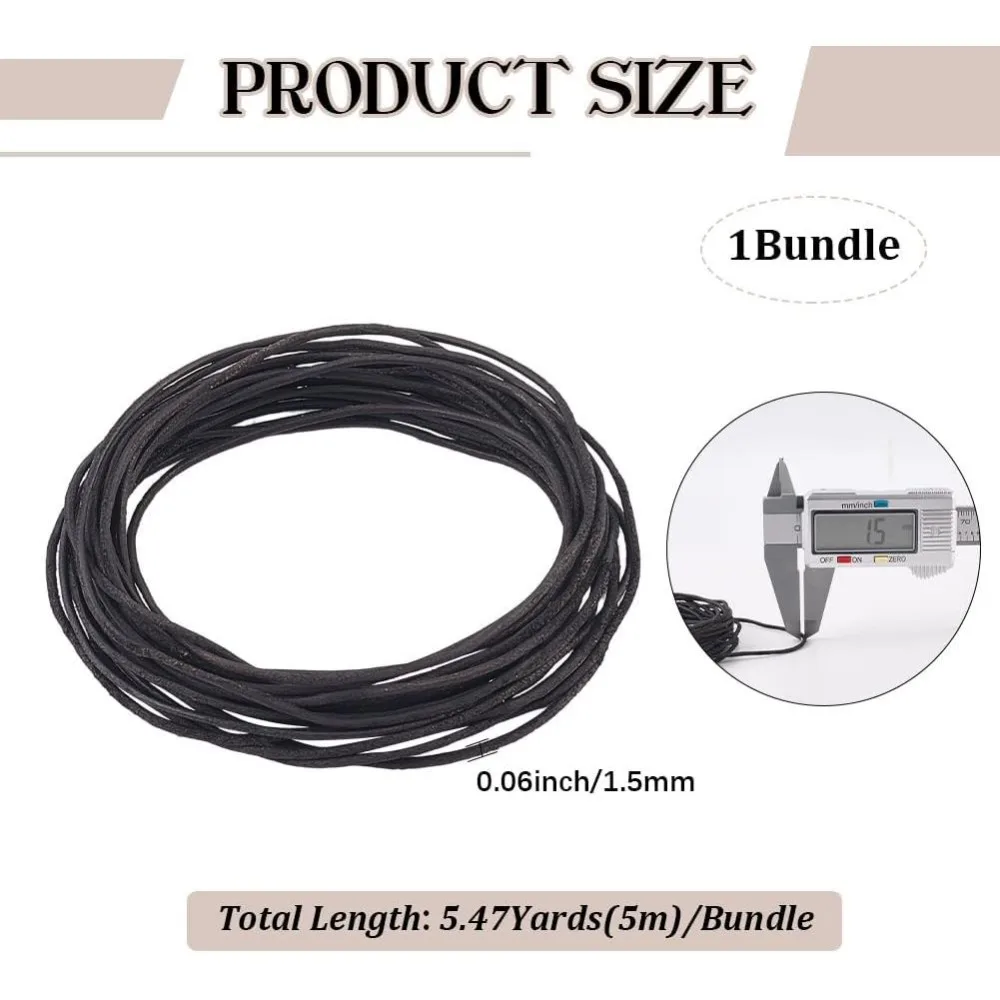 5m Round Genuine Leather String 1.5mm Diameter Black Suede Leather Cord Top Grain Cowhide Rope Yak Hide Beading Threads for DIY