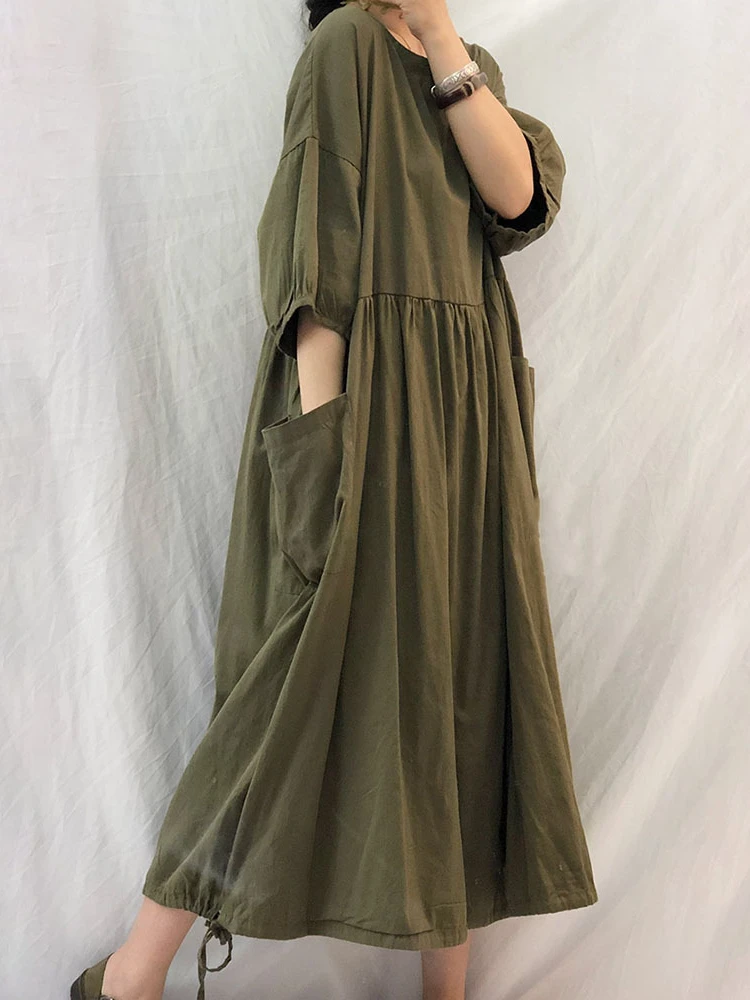 Summer Dresses Women 2023 Casual Loose Literary Large Pocket Drawstring Pleated Skirt Comfortable Casual Elegance Robe Oversize