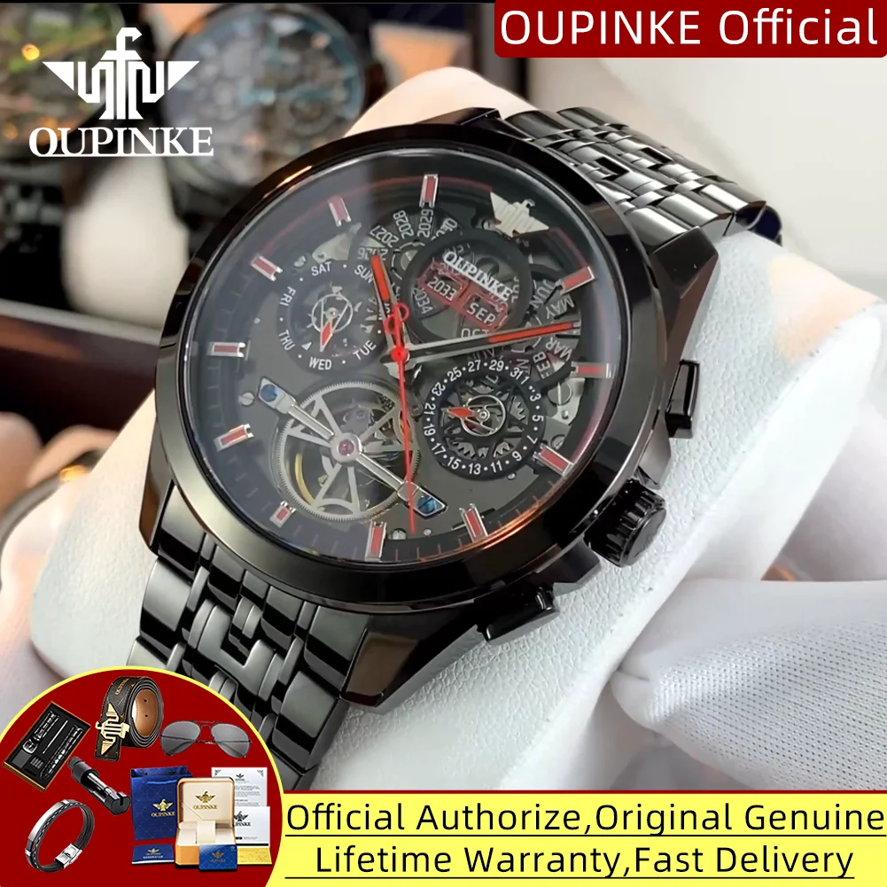 

OUPINKE 3235 Мужские часы Полые полностью автоматические механические часы Многофункциональные скелетонизированные маховики Элитный бренд Мужские часы
