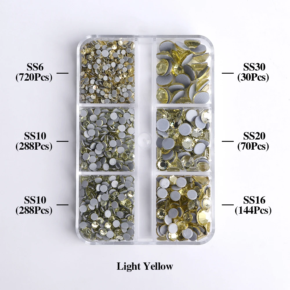SS6-SS30 Gemengde Maten Glas Hotfix Steentjes 6Grid Box Platte Achterkant Glitter Kristal Strass Ijzer Op Steentjes voor Kleding - afbeelding 1