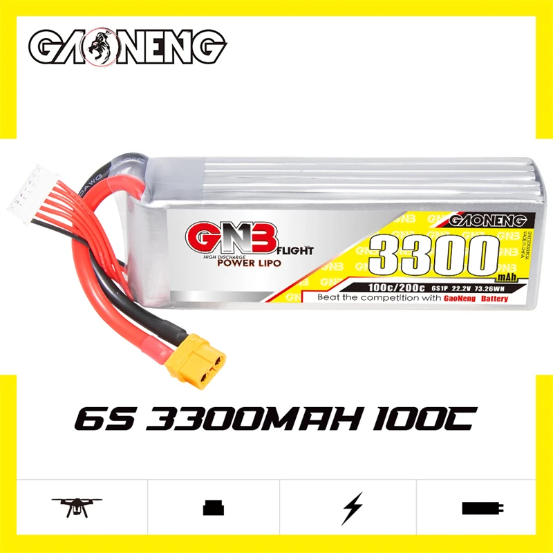 Gaoneng GNB 3300mAh 4S/5S/6S/8S 14.8V/18.5V/22.2V/29.6V 100C LiPo Battery with XT60/XT90/T Plug for RC Drone Fixed Wing Helicopt