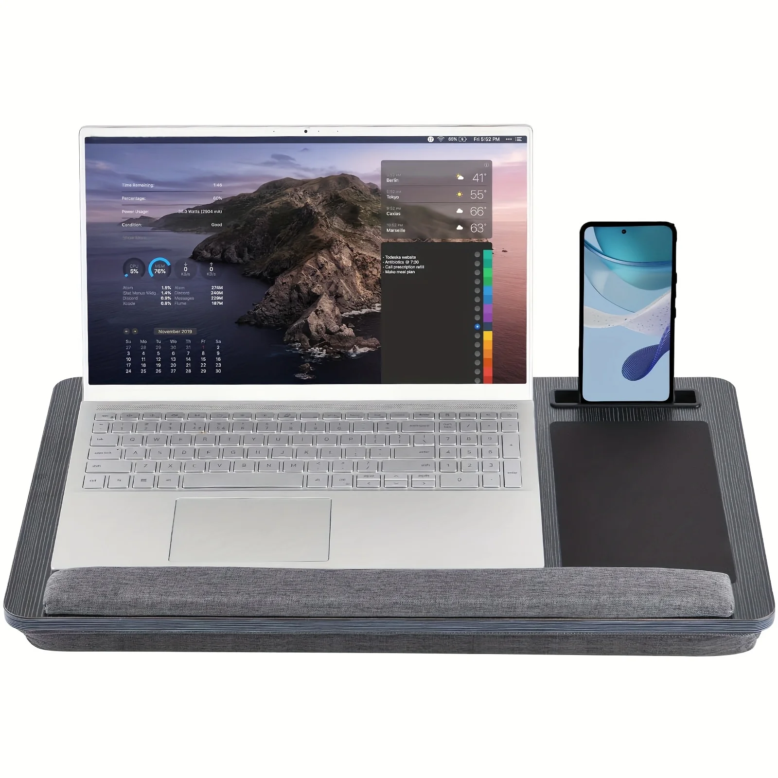 Bandeja de cama para computadora portátil con almohada suave - Bandeja de trabajo con patas reforzadas - Bandeja de escritura para oficina en casa - Se adapta a computadoras portátiles de hasta 17,3 pulgadas