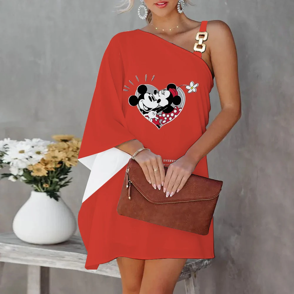 Mini Dress Luxury Party Dress Evening Dresses Diagonal Collar One-Shoulder Mickey Elegant Dresses for Women Disney Minnie Mouse