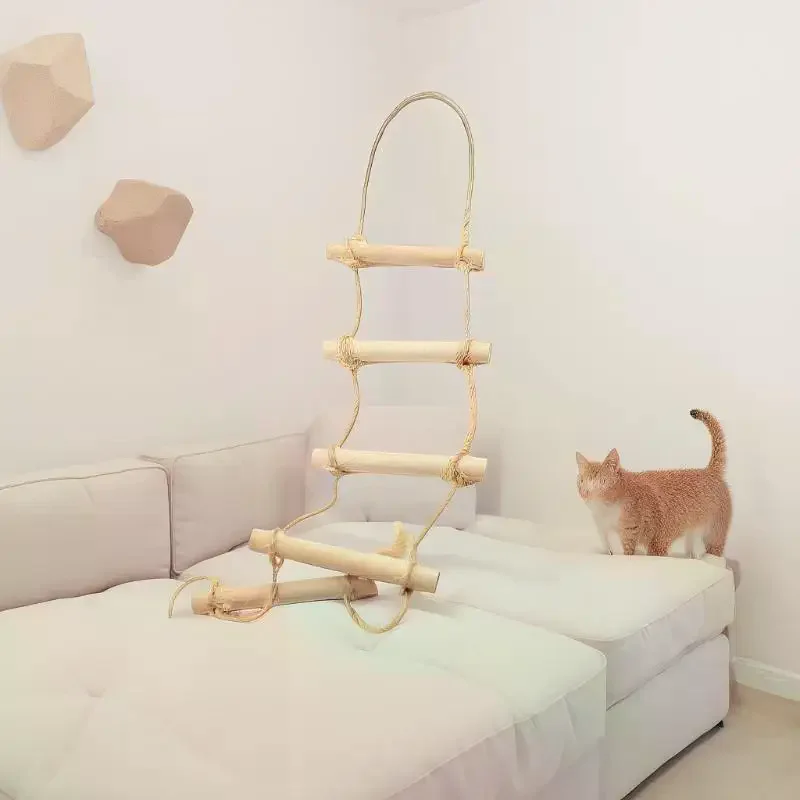 Hangende ladder poppenhuisspeelgoed in miniatuur, 1 stuks houten henneptouw huisdier- en tuinscène modelaccessoire