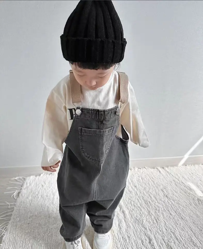 2024 Spring Boy Baby Pocket Overalls Loose Infant Suspenders Jumpsuit Retro Toddler Jeans Kids Casual Pants Girl Cotton Trousers