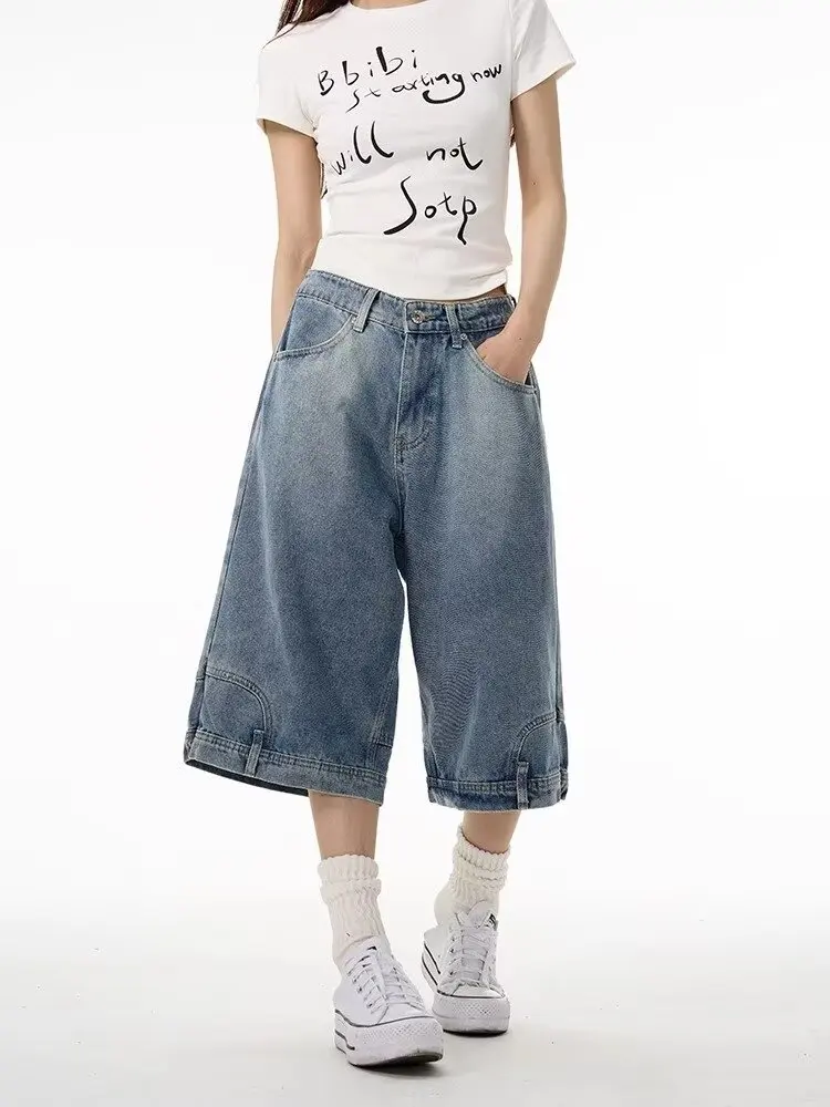 Ins Fashion American Retro Baggy High Waisted Capri Jeans Woman High Street Denim Reversible Shorts Streetwear Loose Pants