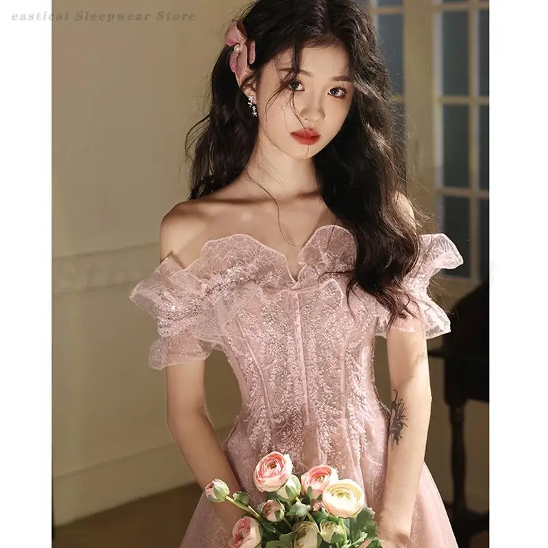 

Pink French Evening Gown Exquisite Elegant Graduation Birthday Dress Luxury Fairy Princess Vestidos Sexy Temperament Cheongsam