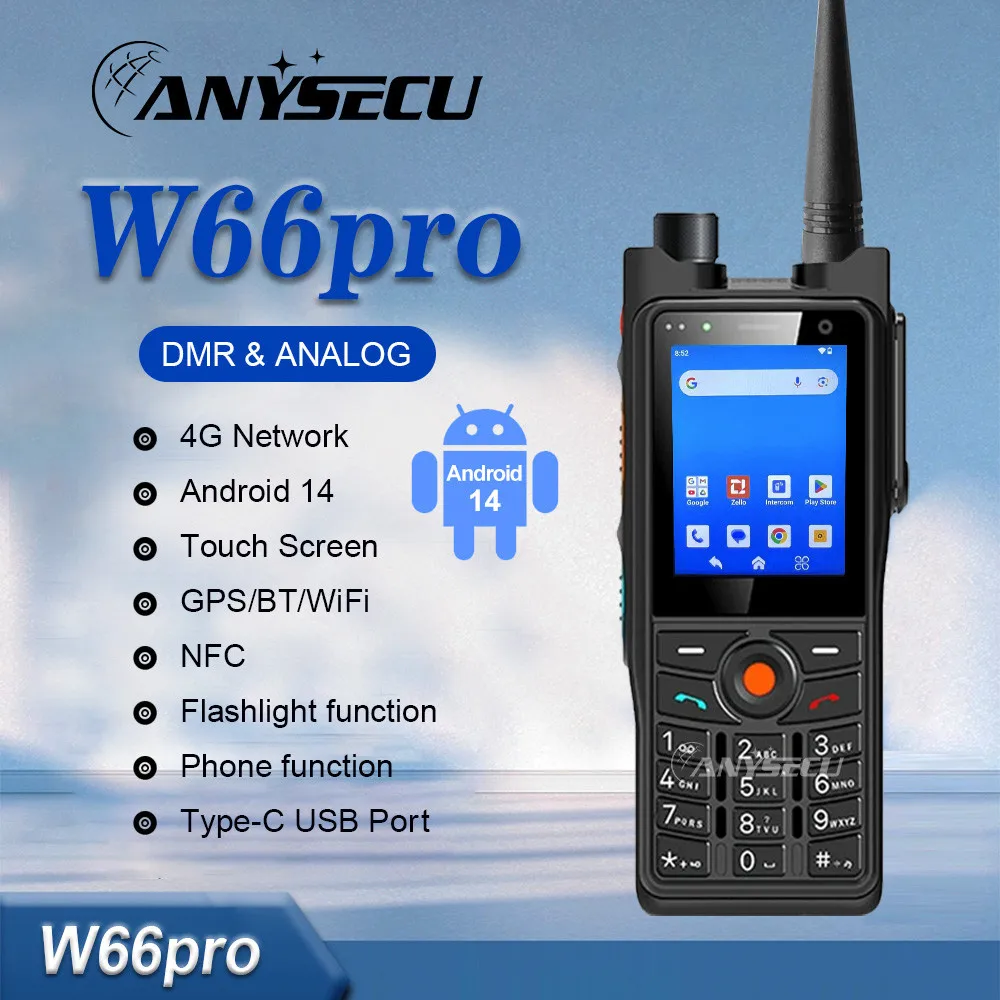 ANYSECU 4G W66pro 4W DMR Analog Radio NFC IP68 Android14 2.1inch 5000mAh 4+64G Work With Zello/realptt Walkie Talkie