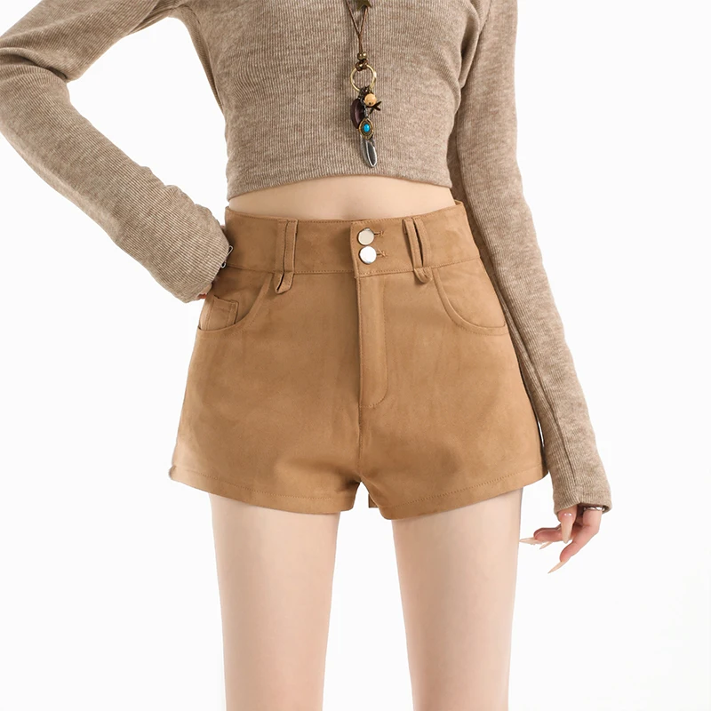 Neue 2025, Herbst Winter Feste Wildleder Shorts Alle-spiel Beiläufige Dünne A-linie Shorts Frauen Hohe Taille Femme Chic S-XL Damen Unten