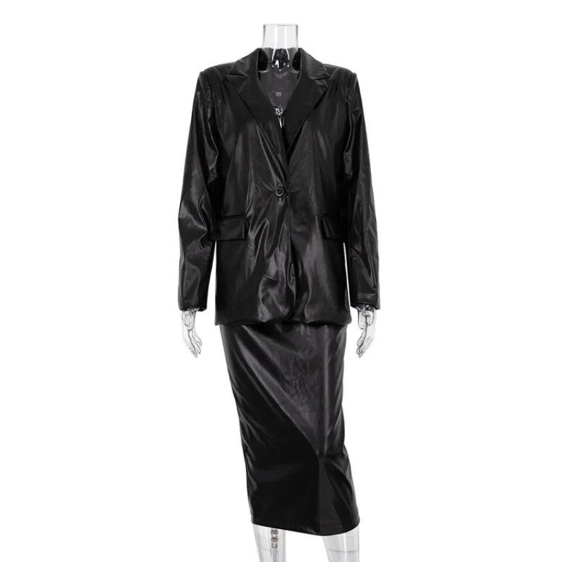 Women's Black Leather Jacket and Skirt Suit, Temperament Commuter, New Fashion Clothes, Early Spring, 2021, Wlj