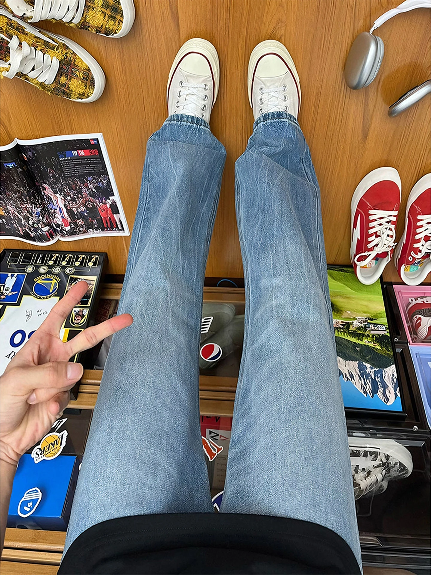 

Blue Lightning Bamboo Pattern Jeans Men's Extended Slim Straight Leg American Sle Micro Flared Long Pants Youth Trendy Wear