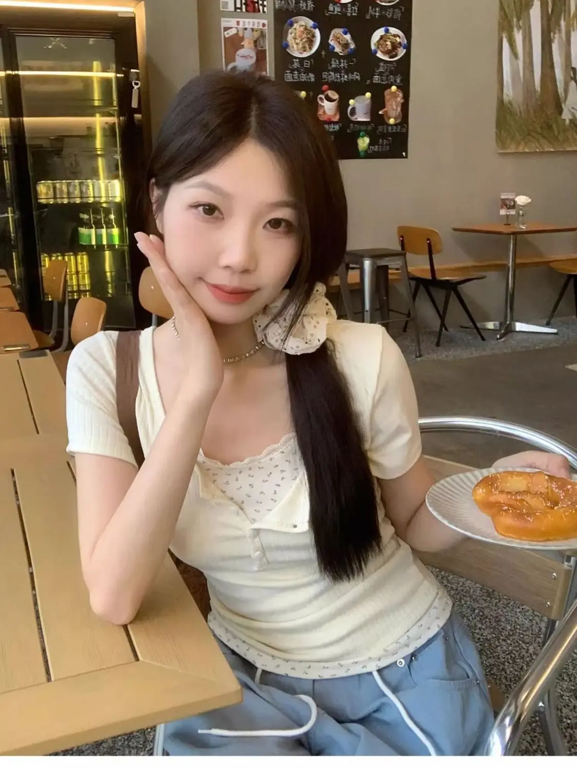 Summer Commute Lace Trim Fake Two-Piece Slimming Top Meat Concealing Trendy Outerwear Korean Style V-Neck Long Sleeve T-Shirt