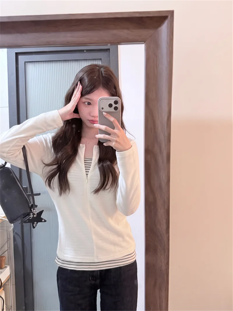 White Striped Base Layer Shirt Women's Autumn Unique Design Sensation Small Shoulder Long Sleeve Top Commute Style Slim Fit