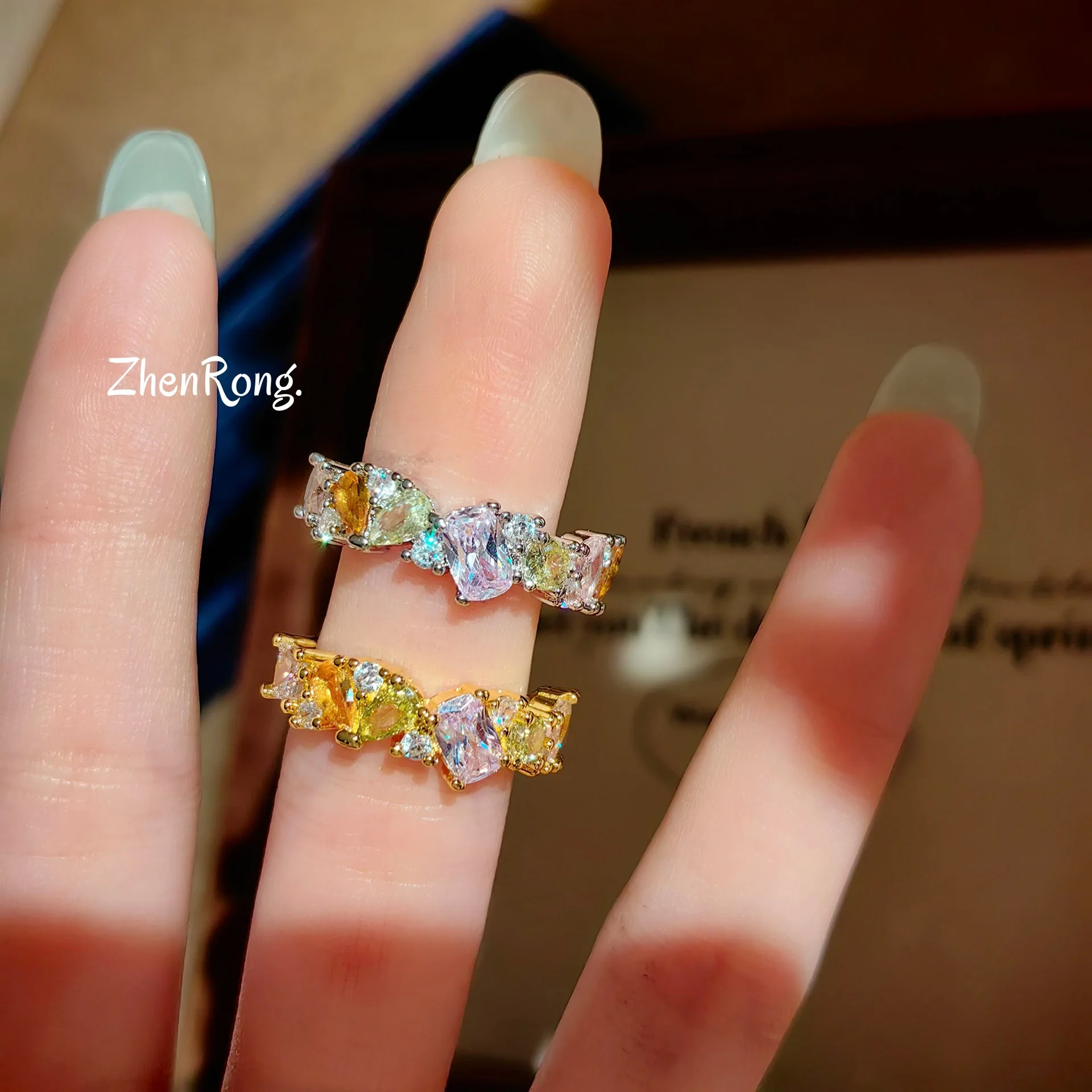 sterling silver ring, dopamine color zircon ring, niche design, light luxury, high-end index finger ring, open ring, female.