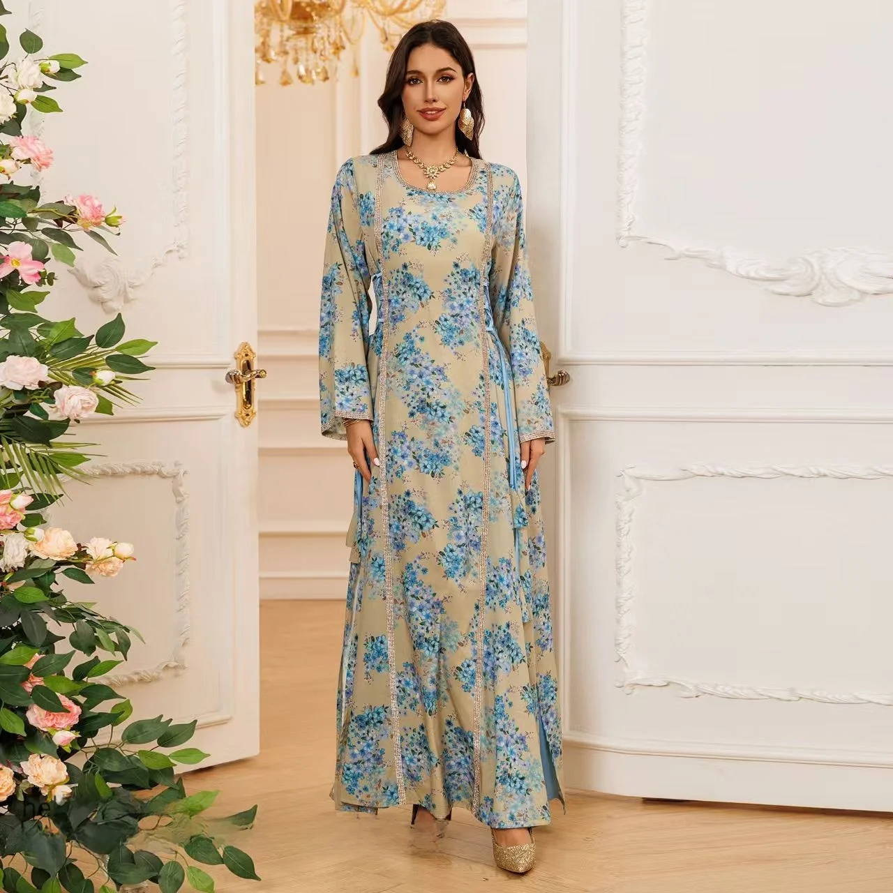 رداء طويل مرصع بالألماس مطبوع عليه Faion في الشرق الأوسط، تنورة Dr Ele عالية الخصر على شكل حرف A، ملابس يومية، مادة أخرى طويلة...