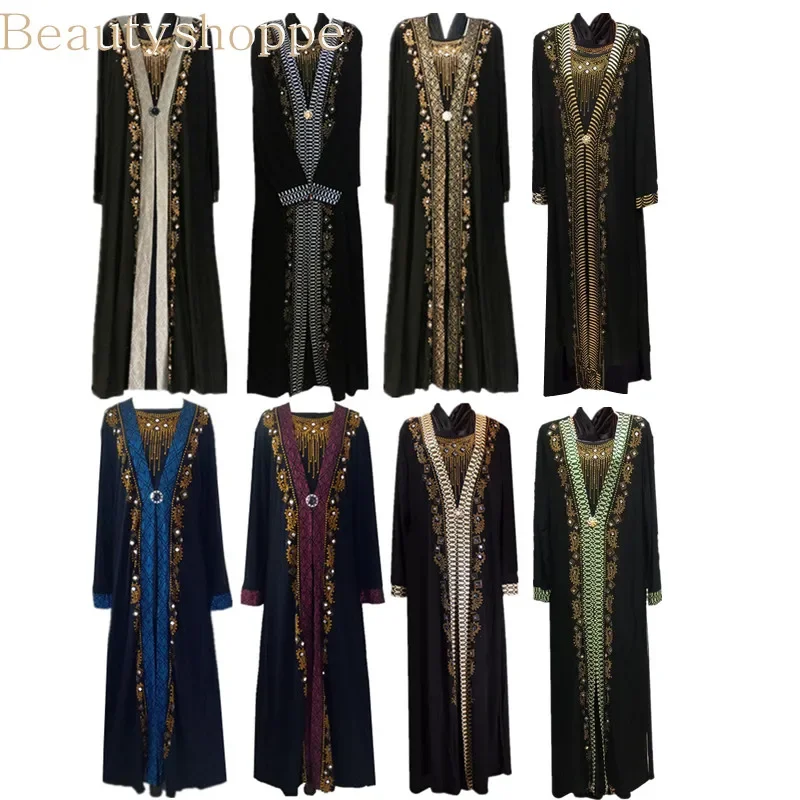 Islamic Abaya Kaftan Dubai Arabic Muslim Hijab Dress Caftan Marocain Eid DressRamadan Elbise Robe Femme Rhinestone  Gowns