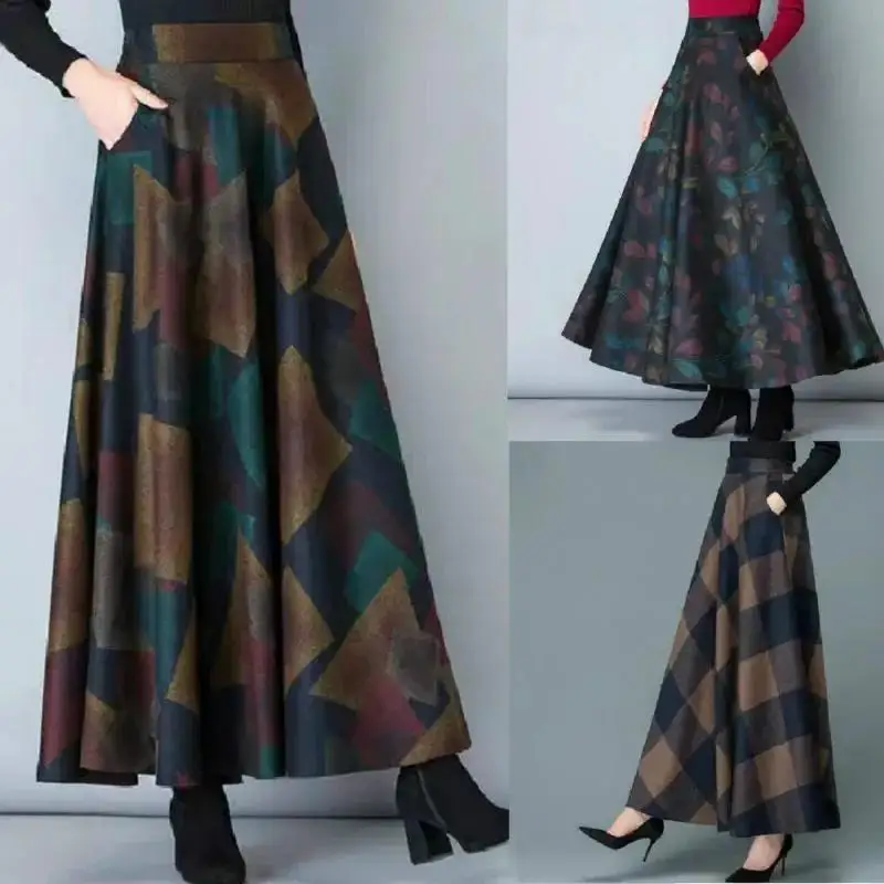 Women's Plaid Wool A Line Skirt High Waist Long Midi Skirt Plus Size Autumn Winter Fashion Casual Female Clothing