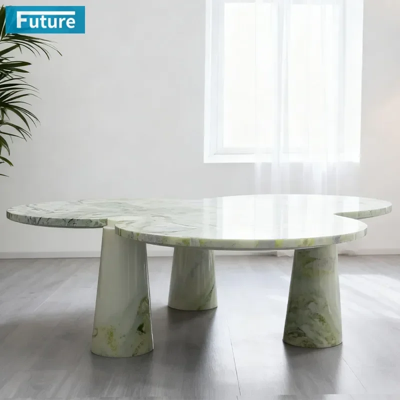 Green Three Petal Coffee Table with Natural Marble Cylindrical Legs Irregular Low Side Table for Living Room Modern Home