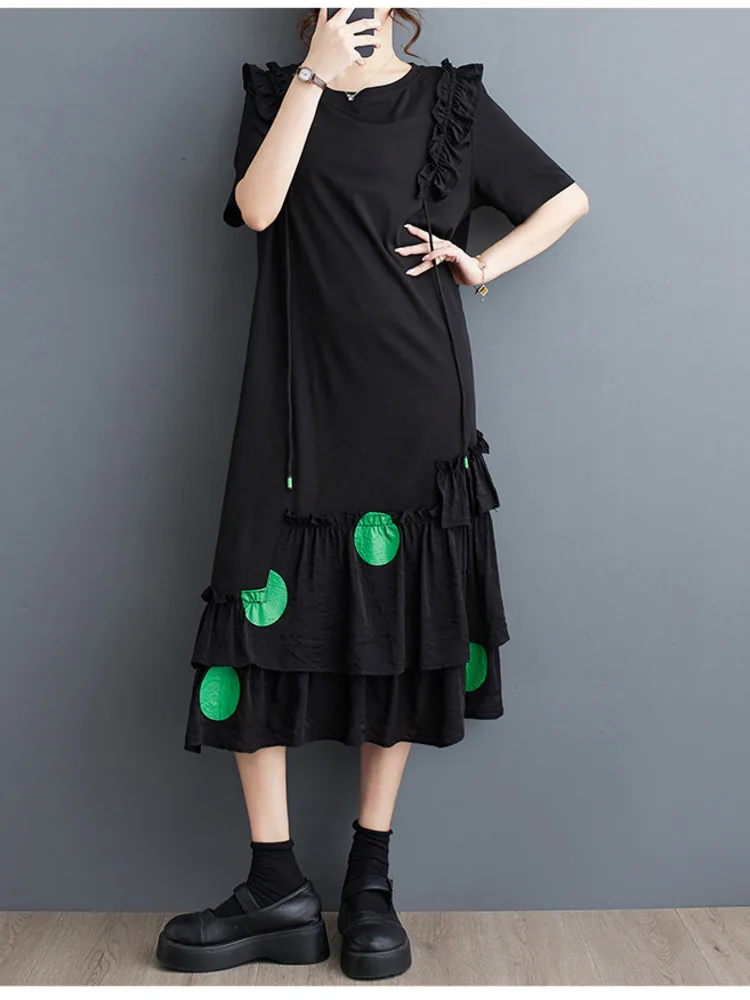 #3816 Black Long T Shirt Dress Short Sleeves Loose Spliced Ruffles Polka Dot Printed Irregular Tshirt Dress Ladies Loose O-Neck