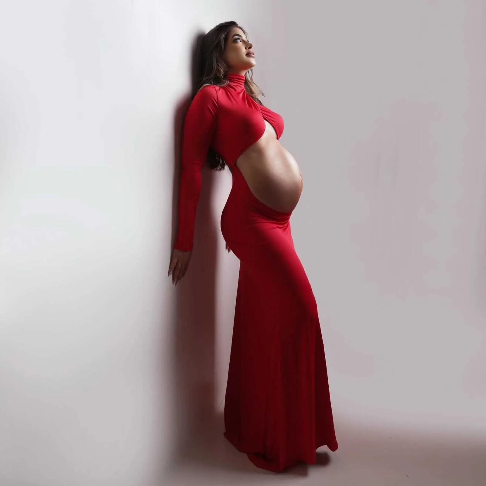 Beauty Red Maternity Dress Photoshoot Cut-Out High Neck Stretch Baby Shower Dresses Pregnancy Photography Dress Shooting Outfit