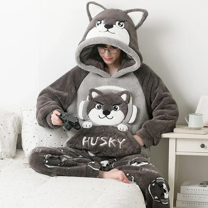 Winter Pajamas Sets Men Coral Fleece Male Sleepwear Thicken Pijamas Clothes Cartoon Dog Kawaii Pullover Night Wears for Wome