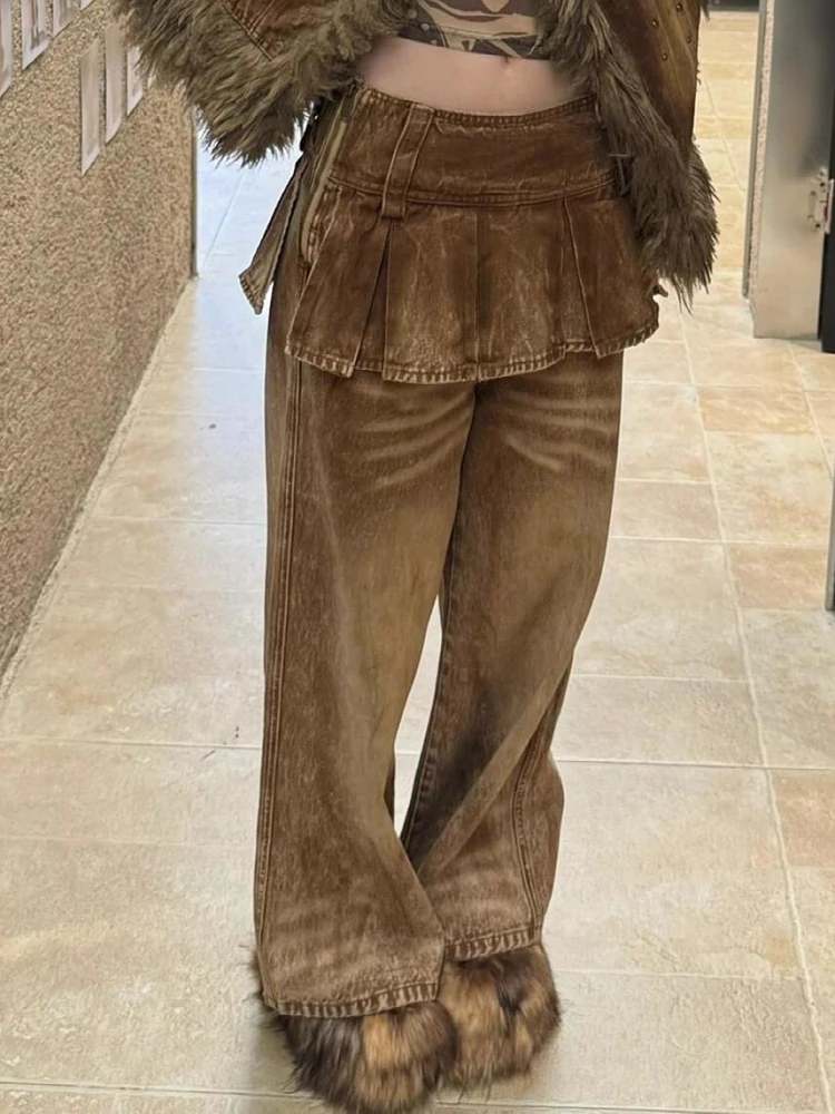 

Американские винтажные джинсы-юбка с эффектом потертости, плиссированные, имитация двух предметов, свободные, прямые, длинные, женские, дизайнерские, повседневные, с высокой талией